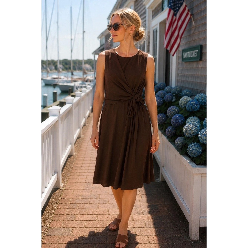 NWT J. Jill Wearever Tie Waist Dress M Kona Brown Midi Travel Stretch